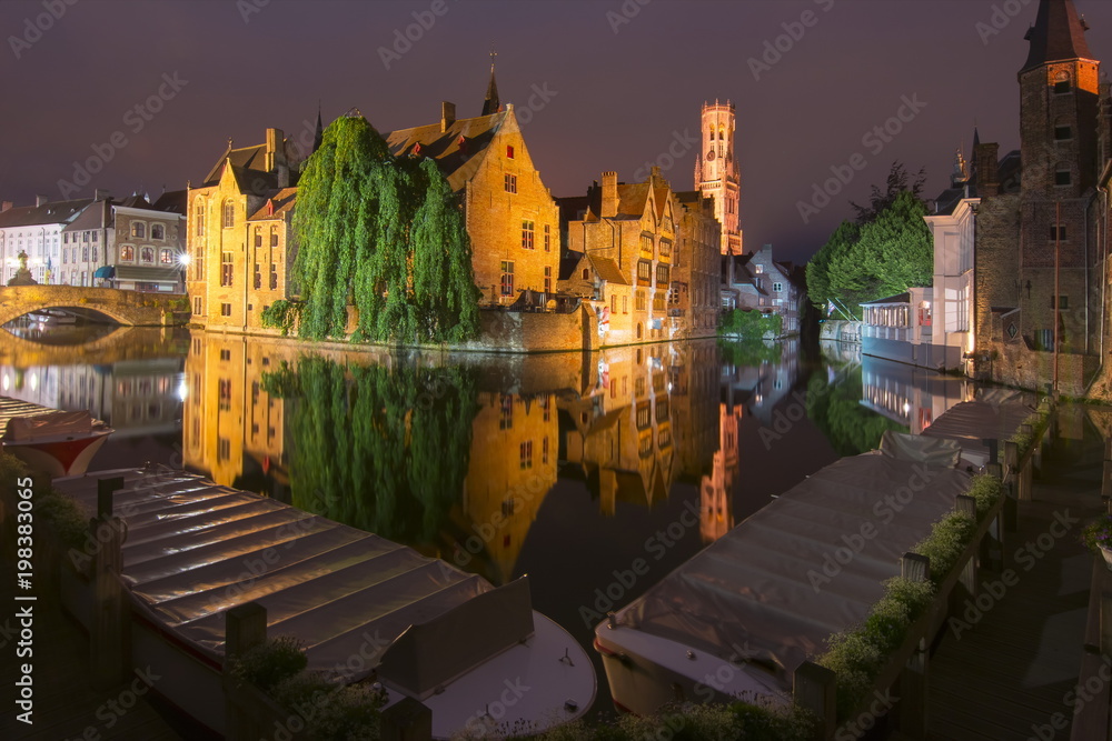 Rozenhoedkaai canal at night, Bruges, Belgium