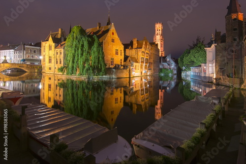 Rozenhoedkaai canal at night, Bruges, Belgium