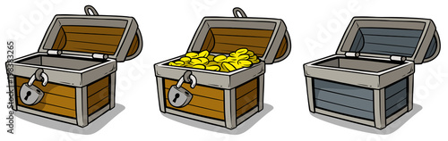 Cartoon open treasure chest with gold coins set