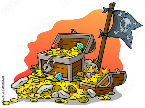 Cartoon treasure chests and pirate flag