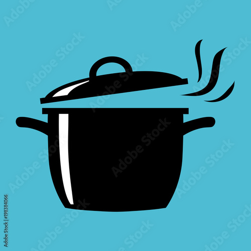 Simple, flat, black and white cooking pot (with steam coming out) silhouette illustration. Isolated on blue