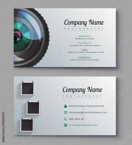 Photographer business card template. Design for photography studio. Ready presentation vector template. Illustrator photo project design.