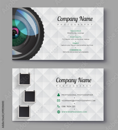 Photographer business card template. Design for photography studio. Ready presentation vector template. Illustrator photo project design.