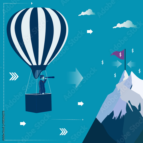 Businessman at the air balloon looking through telescope for his target. Business concept vector illustration