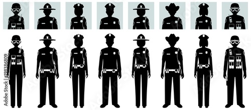 Police people concept. Set of different black silhouettes and avatars icons of SWAT officer, policeman, policewoman and sheriff in flat style on white background. Vector illustration.