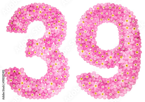 Arabic numeral 39, thirty nine, from pink forget-me-not flowers, isolated on white background photo