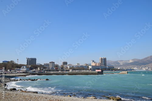 marina and quay of Novorossiysk. Urban landscape of the port city
