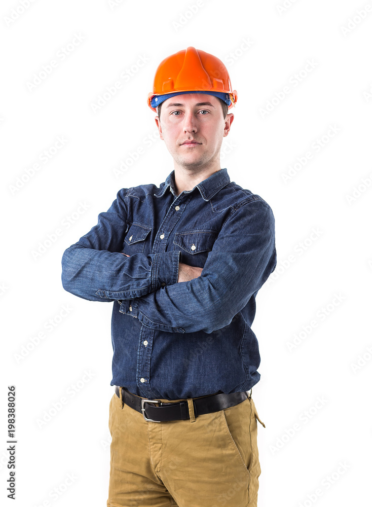 Portrait of repairman (builder) in helmet isolated on white background Portrait of repairman (builder) in helmet isolated on white background