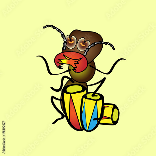 Isolated illustration cartoon. A hungry termite who plays the drums. Vintage