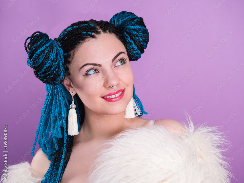 Glamour luxury portrait of sexy woman with african blue braids hairstyle, bindi, nose ring and tassel earrings isolated on colorful background. Girl in fur, bright makeup, hipster, freaky Stock Photo | Adobe Glamour luxury portrait of sexy woman with african blue braids hairstyle, bindi, nose ring and tassel earrings isolated on colorful background. Girl in fur, bright makeup, hipster, freaky Stock Photo | Adobe