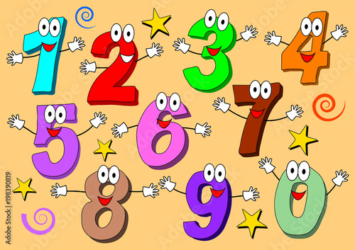 Cartoon numbers 0 to 9 icons made as human figures with big eyes and hands. Hand drawn isolated set vector illustrations for children