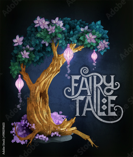 Magic tree with flowers and lights glowing in the night