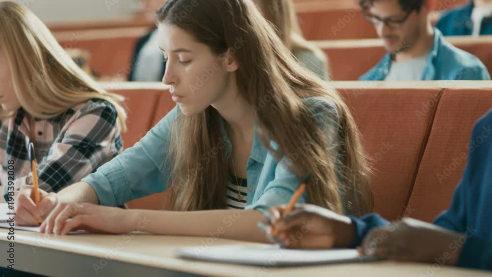 A Row of Multi Ethnic Students in the Classroom Taking Exam/ Test/ Writing in Notebooks. Bright Young People Study at University. Shot on RED EPIC-W 8K Helium Cinema Camera. A Row of Multi Ethnic Students in the Classroom Taking Exam/ Test/ Writing in Notebooks. Bright Young People Study at University. Shot on RED EPIC-W 8K Helium Cinema Camera.
