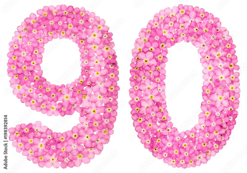 Arabic numeral 90, ninety, from pink forget-me-not flowers, isolated on white background