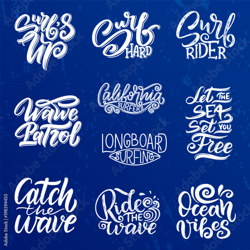 Set of Surf lettering quotes for posters, prints, cards. Surfing related textile design. Vintage illustration.