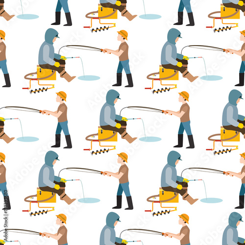 Fishing fishermen vector catches fish fisher threw rod into water catch and spin, man pulls net out of the river character seamless pattern background illustration