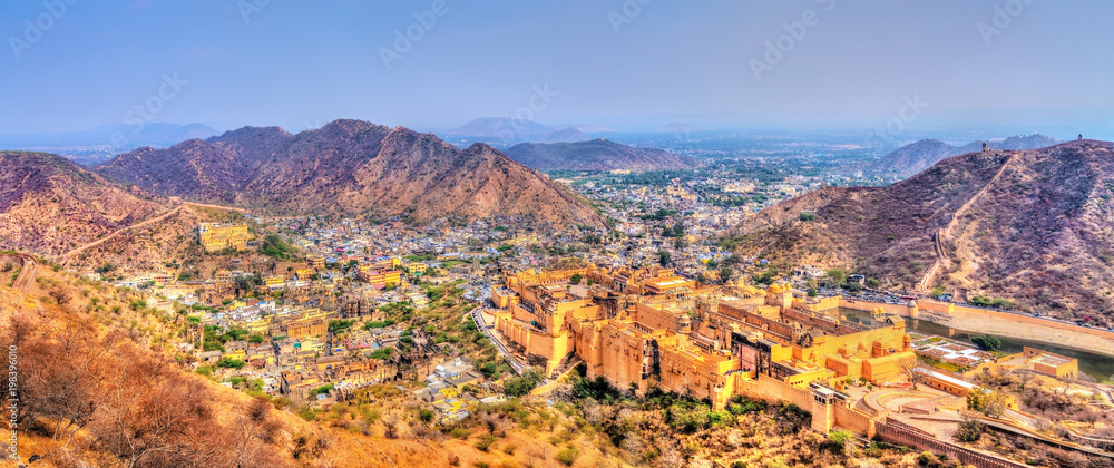 View of Amer town with the Fort. A major tourist attraction in Jaipur - Rajasthan, India