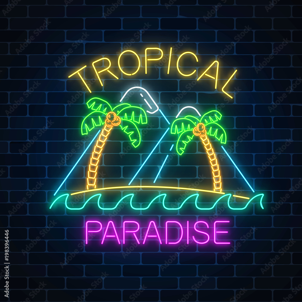 Glowing neon summer sign with two palms, island, mountains and text on