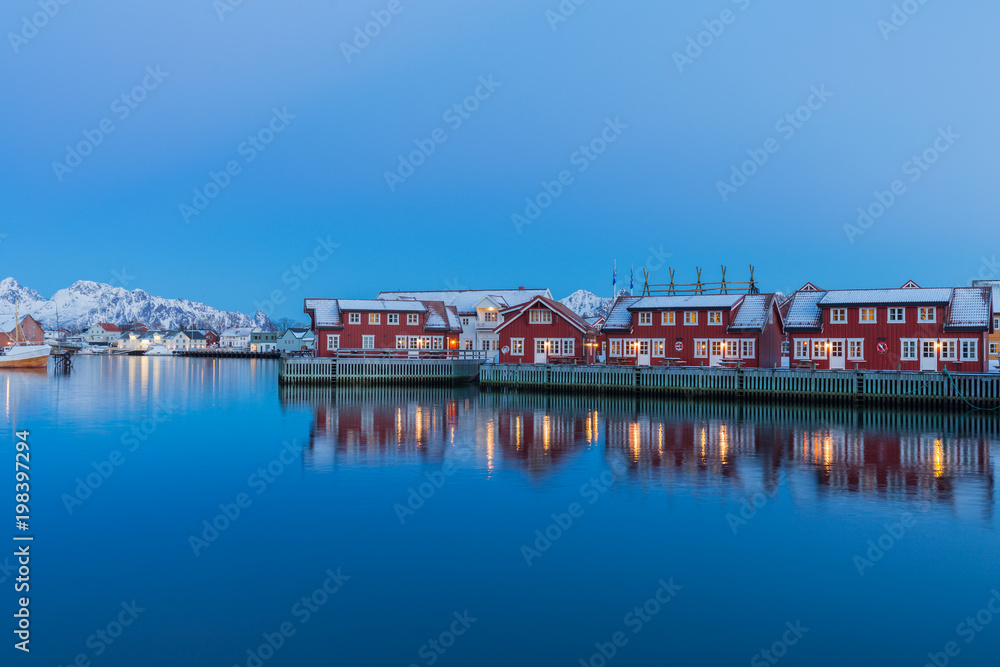 Fototapeta premium Arctic seascape with rorbuer, Lofoten islands