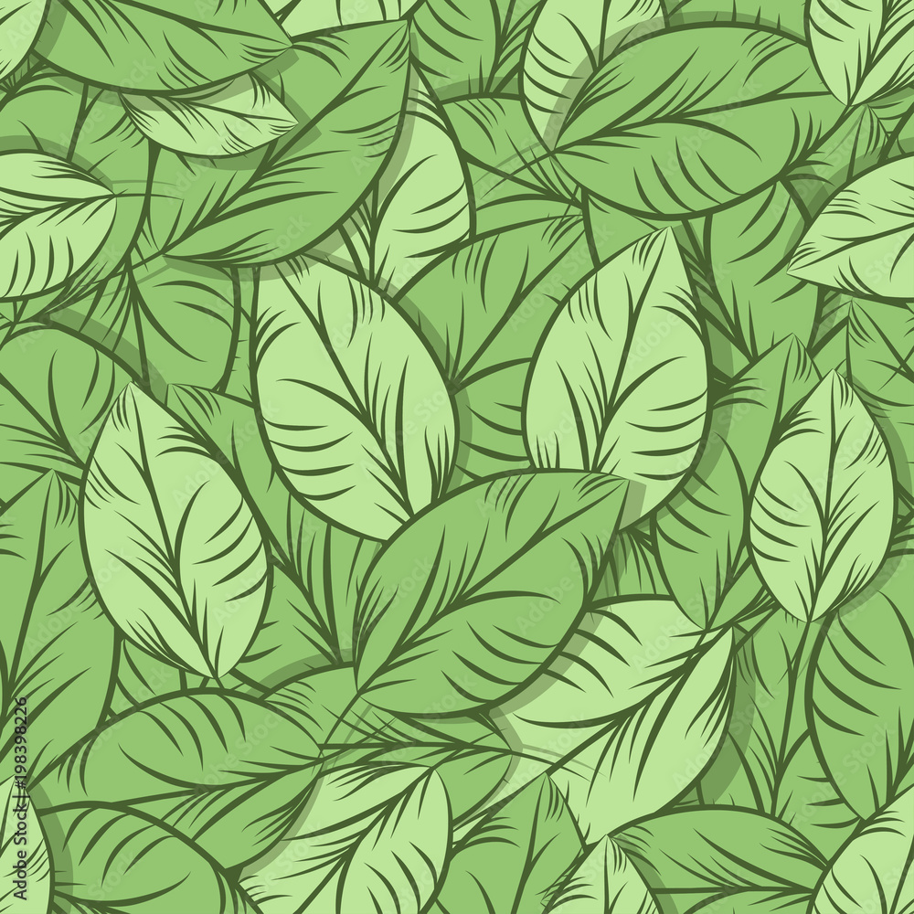 Green organic leaves, seamless pattern. Detailed illustration, hand drawn.Great for fabric and textile, prints, invitation, packaging, or any desired idea.