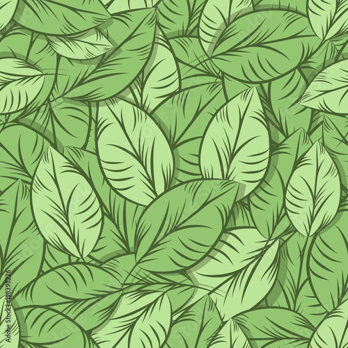 Green organic leaves, seamless pattern. Detailed illustration, hand drawn.Great for fabric and textile, prints, invitation, packaging, or any desired idea.