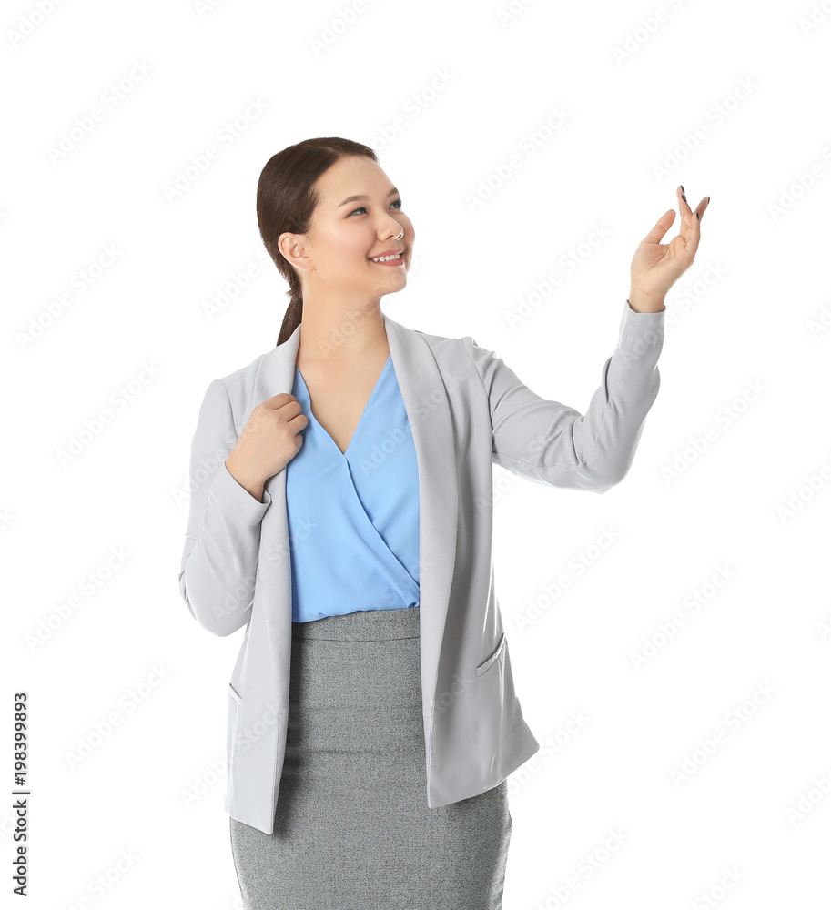 Business trainer explaining seminar on white background Business trainer explaining seminar on white background