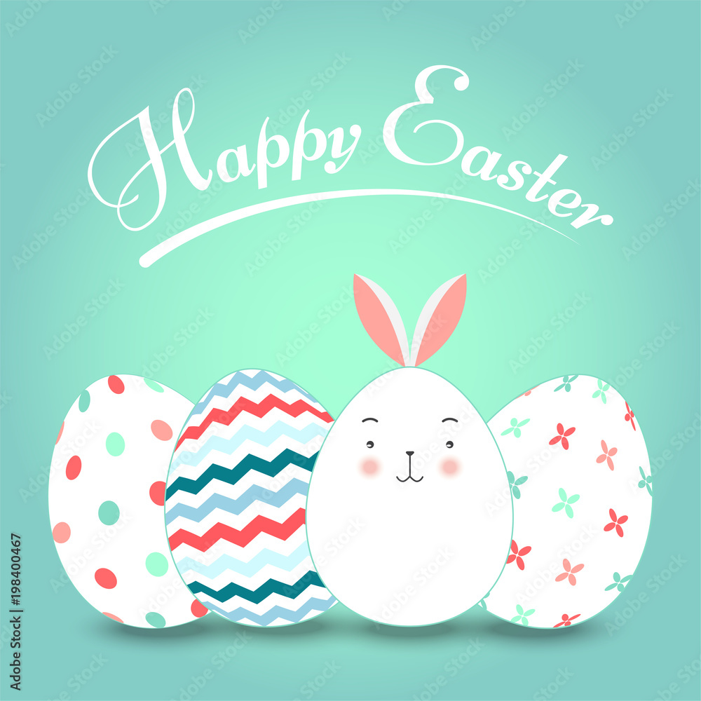Greating card with Easter eggs and Easter bunny on blue background. Greating card with Easter eggs and Easter bunny on blue background.