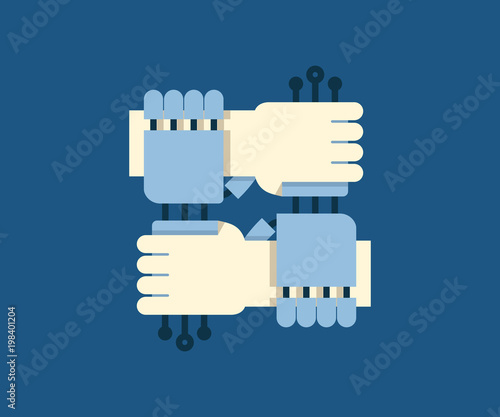 Illustration concept of future technology, humans and ai robotics partnership and connection. Vector flat icon design