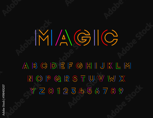 Colorful Stylized vector font with thin line. Typographic design