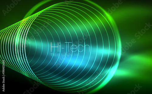 Circular glowing neon shapes  techno background. Abstract shiny transparent circles on dark technology space