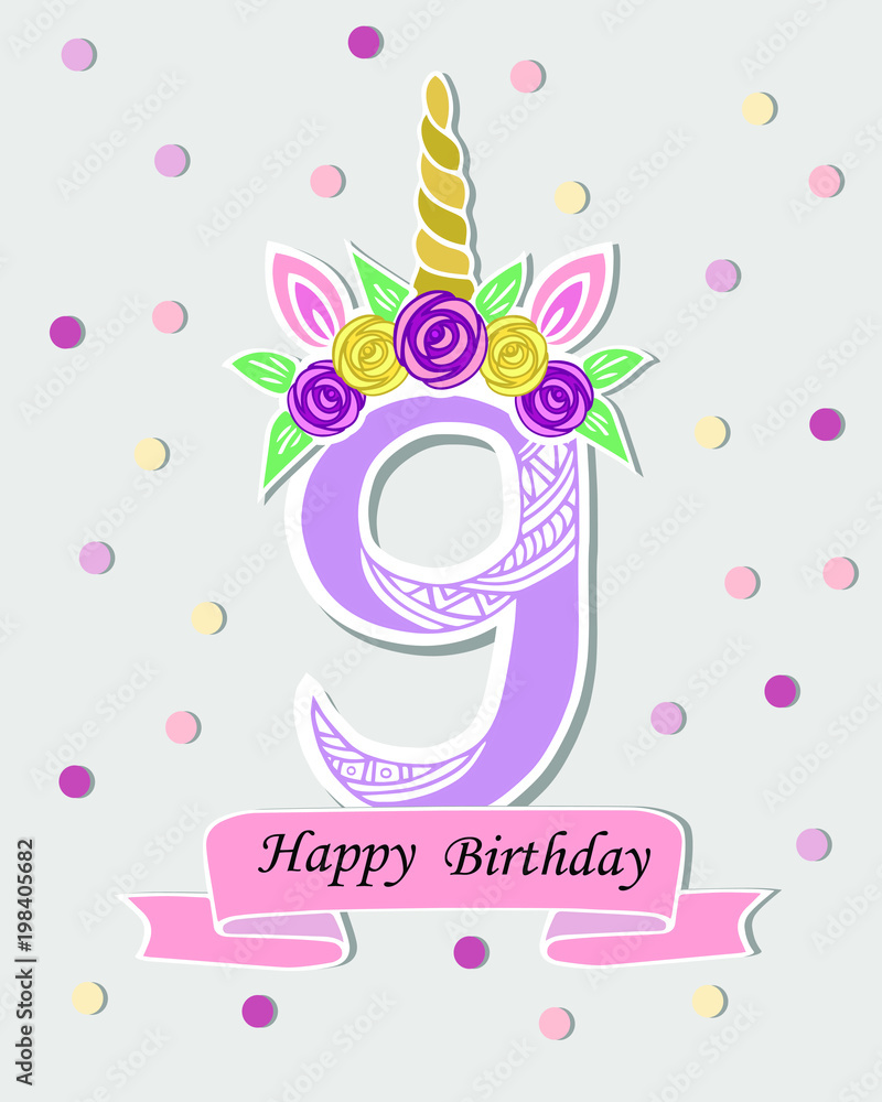 vector illustration with number nine unicorn horn ears and flower wreath template for birthday party invitation greeting card cute number nine as logo patch sticker stock vector adobe stock