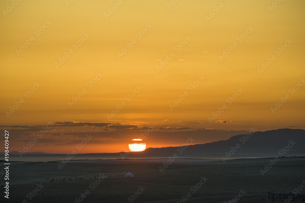 The sunrise at the grassland, Xinjiang of china