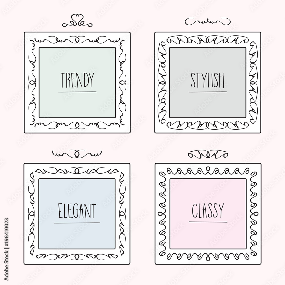 Black line, trendy and stylish doodle hand drawn square frames set in pale pastel colors Black line, trendy and stylish doodle hand drawn square frames set in pale pastel colors