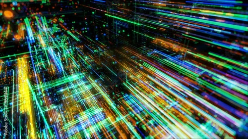 Data transfer and future technology, cyber security concept background, abstract hi speed digital internet. Motion blur. Abstract technology and cyber space environment 3D render 4K loop