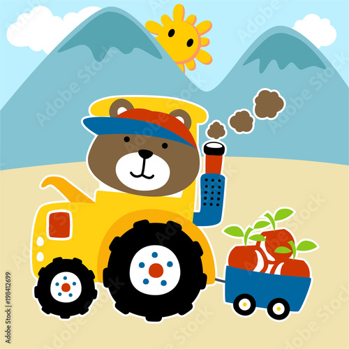 Cartoon of little farmer on tractor with harvest. Eps 10