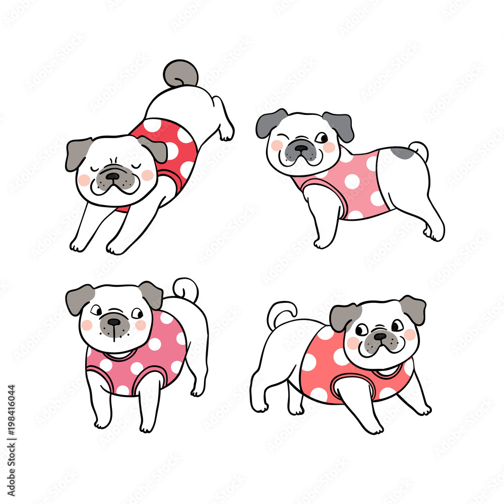 Vector illustration set character design differrent pose of adorable pug dog Doodle style