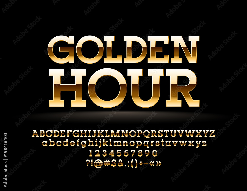 Vector majestic Text Golden Hour. Chic reflective Font. Glossy Glamour Alphabet Letters, Numbers and Symbols Vector majestic Text Golden Hour. Chic reflective Font. Glossy Glamour Alphabet Letters, Numbers and Symbols