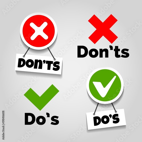 Do and dont icons. Doing recommendation and mistake color signs with text box for guidelines, tests and consumer rights vector illustration