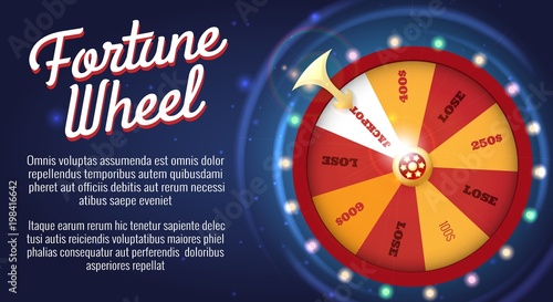 Motion fortune wheel poster. Wheel of fortune banner, roulette or lottery game for bankrupt or success opportunity vector illustration