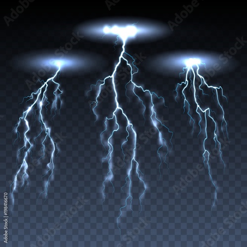Thunderbolts. Vector storm electric lightning thunder bolts isolated on dark transparent background