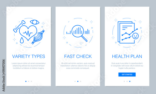 Health and medical concept onboarding app screens. Modern and simplified vector illustration walkthrough screens template for mobile apps.