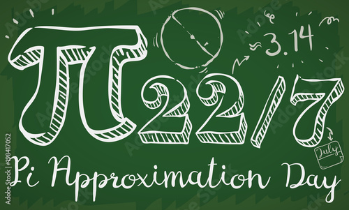 Banner of a math class with doodle drawings, date like fraction and giant pi symbol to commemorate on 22nd July the Pi Approximation Day.