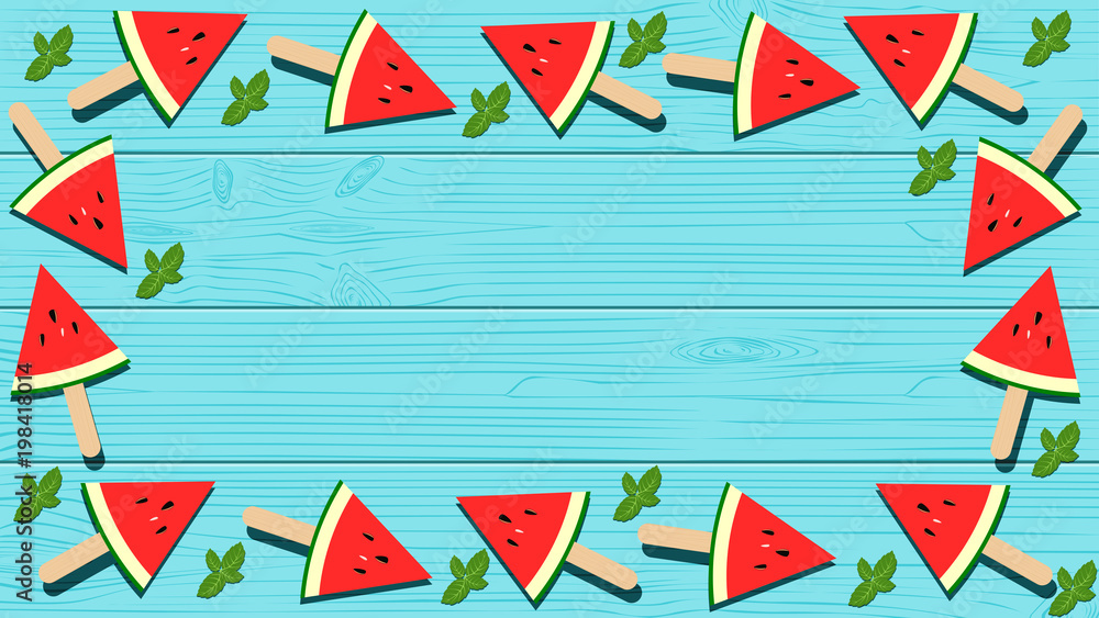 Vector in flat style design. Watermelon popsicles and mint leaves on blue wooden background. Top view and copy space for text.