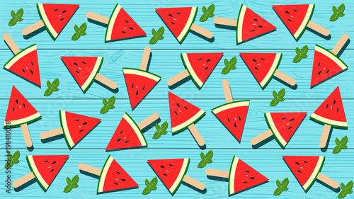 Free Download Vector in flat style design. Watermelon popsicles and peppermint leaves on blue wooden background. Top view. - GFXLoad