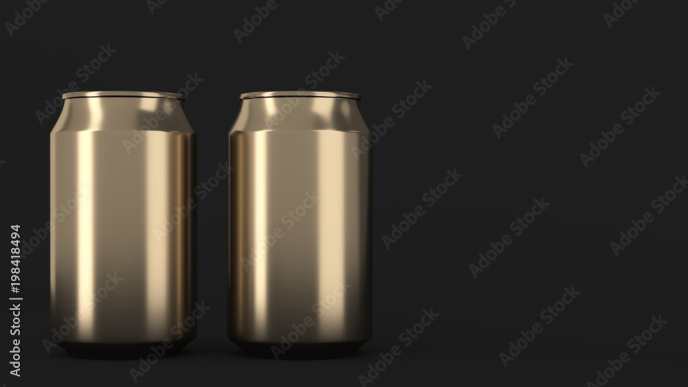 Two small gold aluminum soda cans mockup on black background Two small gold aluminum soda cans mockup on black background
