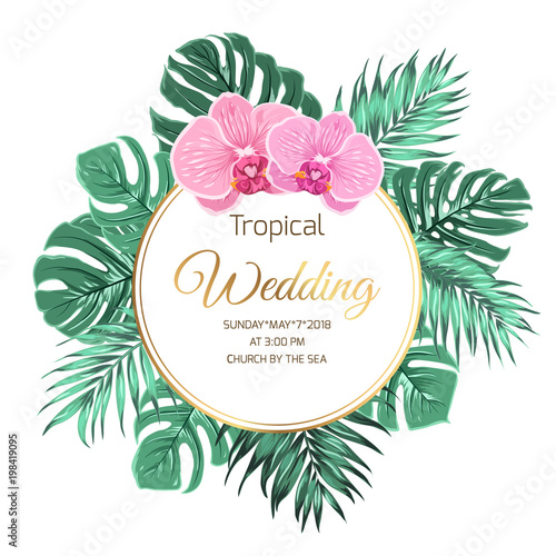 Tropical wedding marriage event invtiation template. Wreath garland frame decoration arrangement. Exotic jungle rainforest palm tree monstera green leaves. Pink purple orchid phalaenopsis flowers.
