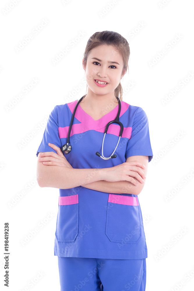 Beautiful asian nurse smiling at camera over white background Beautiful asian nurse smiling at camera over white background