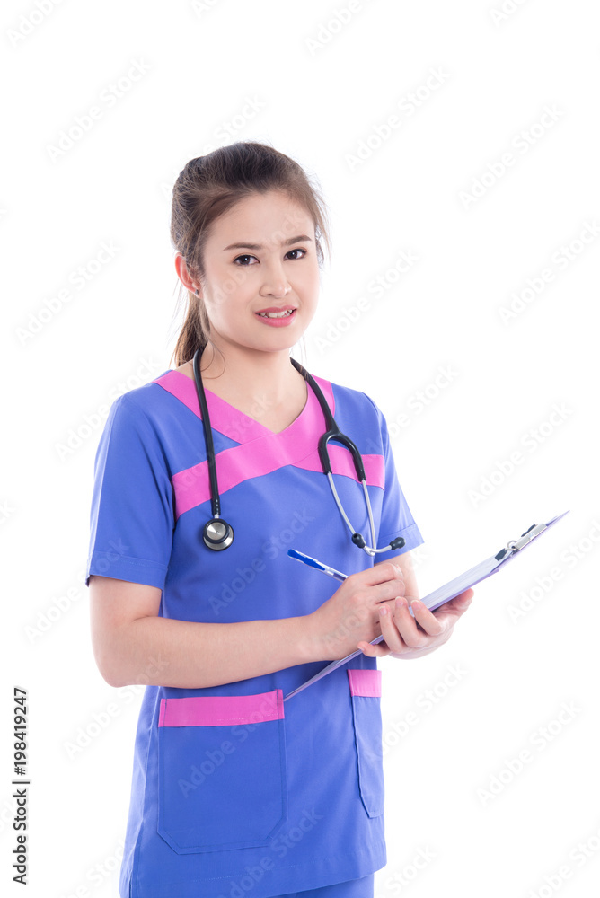 Beautiful asian nurse holding patient's chart and smiling at camera Beautiful asian nurse holding patient's chart and smiling at camera