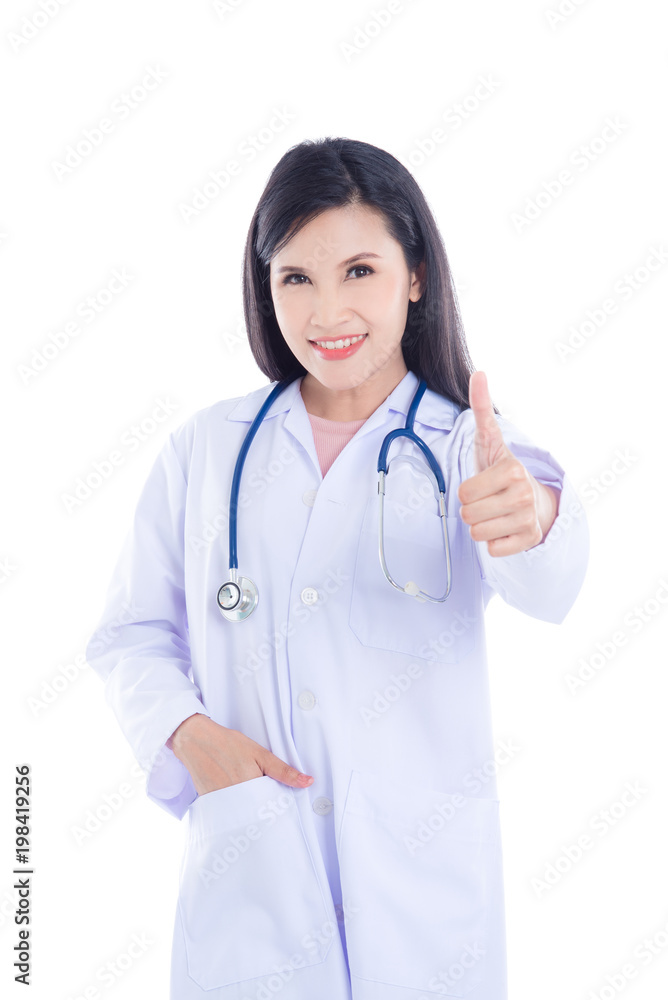 Beautiful asian doctor smiling with showing thumb up over white background Beautiful asian doctor smiling with showing thumb up over white background