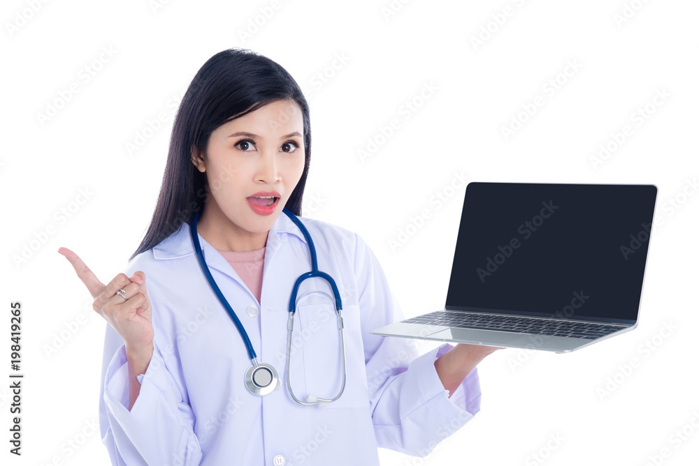 Beautiful asian doctor holding laptop computer with excited face over white background